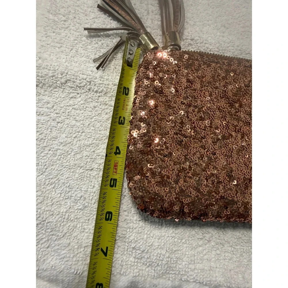 Juicy Couture Sequin Wristlet Women OS Rose Gold Tassel Dual Zip Clutch Bag